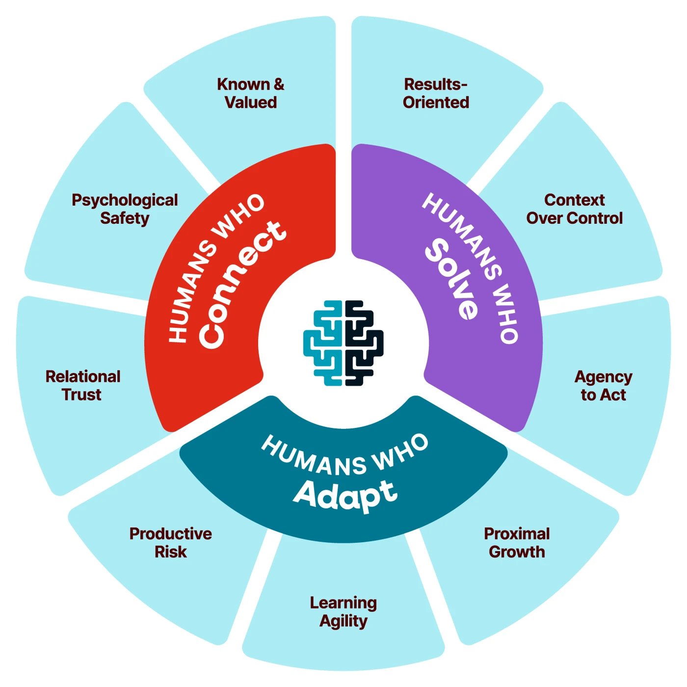 The nine conditions arranged in a wheel around three domains: Humans Who Connect holds Known and Valued, Psychological Safety and Relational Trust; Humans Who Solve holds Results-Oriented, Context Over Control and Agency to Act; Humans Who Adapt holds Productive Risk, Learning Agility and Proximal Growth